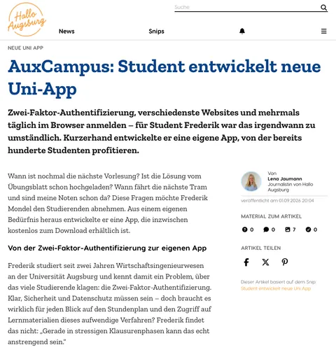 Artikelvorschau Hallo Augsburg – Bericht über AuxCampus mit Überschrift Student entwickelt neue Uni-App