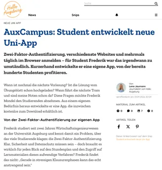 Hallo Augsburg Artikel über AuxCampus – Desktop-Ansicht des Online-Beitrags von Lena Jaumann