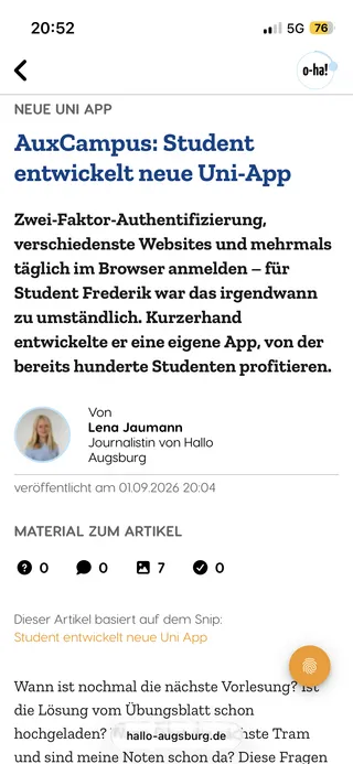 Hallo Augsburg Artikel über AuxCampus – Mobile-Ansicht des Online-Beitrags