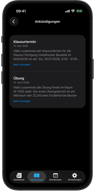 AuxCampus Screenshot Ankündigungen – Kursankündigungen und Mitteilungen aus Digicampus
