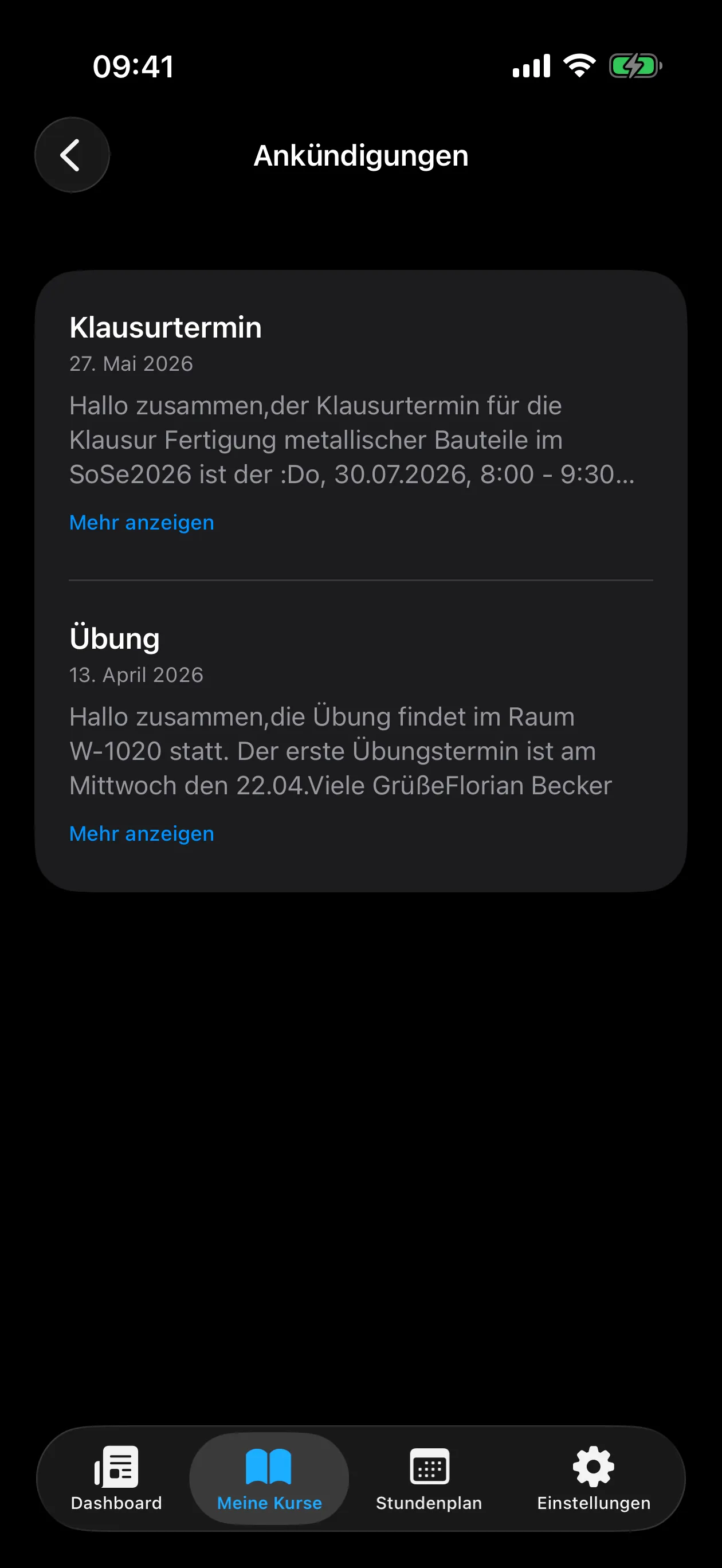 Ankündigungen eines Kurses