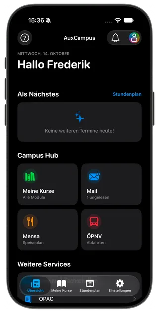 AuxCampus Screenshot Dashboard – Übersicht mit Terminen, Mitteilungen und Schnellzugriffen