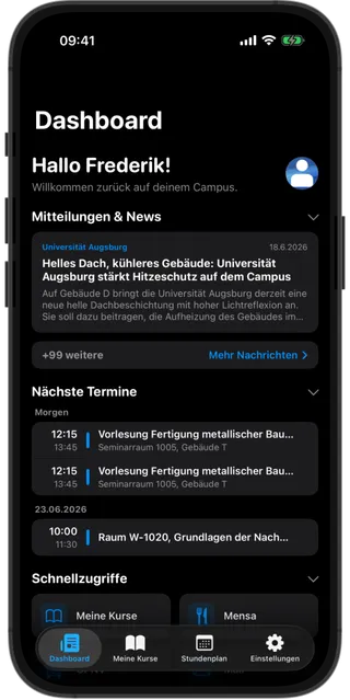 AuxCampus Screenshot Dashboard – Übersicht mit Terminen, Mitteilungen und Schnellzugriffen