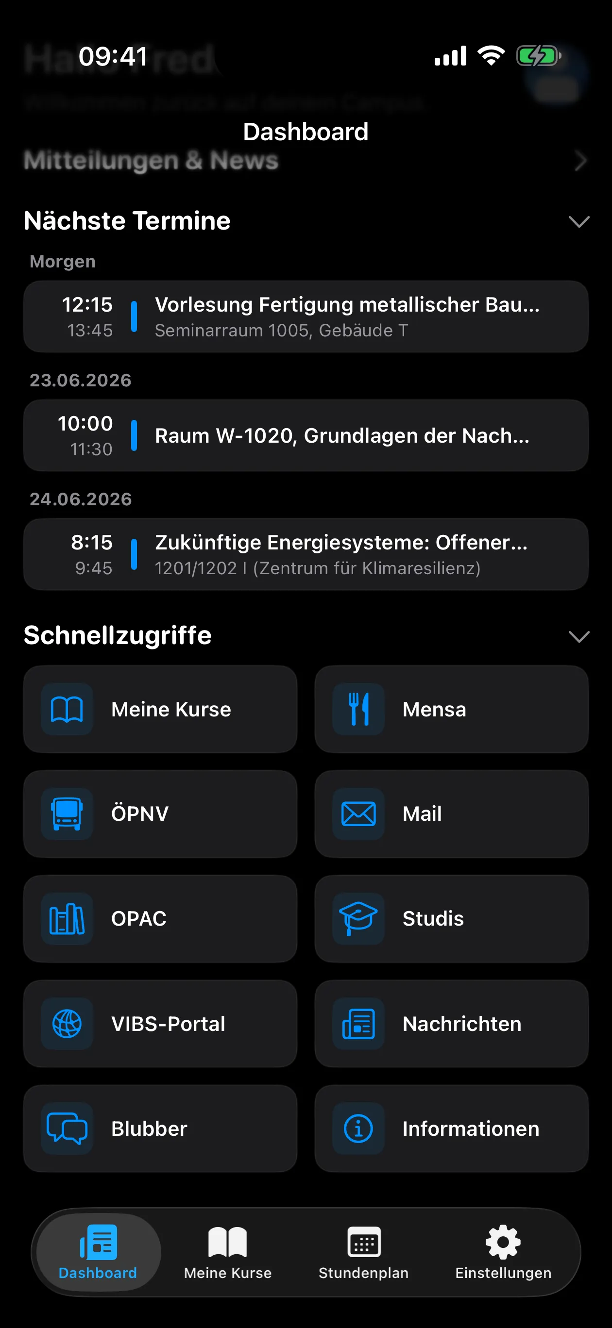AuxCampus Dashboard mit Terminen und Schnellzugriffen