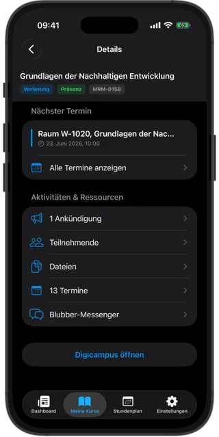 AuxCampus Screenshot Kursdetails – Detailansicht eines Digicampus-Kurses mit Dateien und Infos
