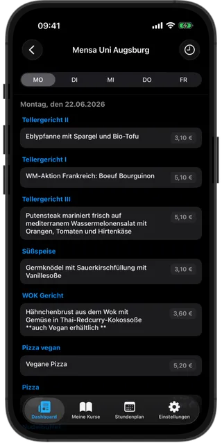 AuxCampus Screenshot Mensa-Speiseplan – tagesaktuelle Gerichte der Uni-Mensa Augsburg