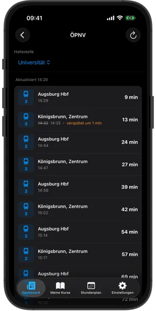AuxCampus Screenshot ÖPNV – Live-Abfahrtszeiten der Straßenbahn am Uni-Campus