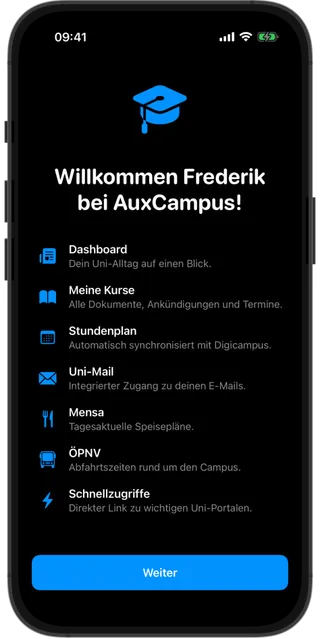 AuxCampus Screenshot Onboarding – Willkommensbildschirm beim ersten Start der App