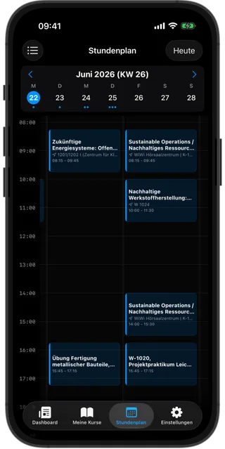 AuxCampus Screenshot Stundenplan – grafischer Wochenplan mit Vorlesungen und Übungen