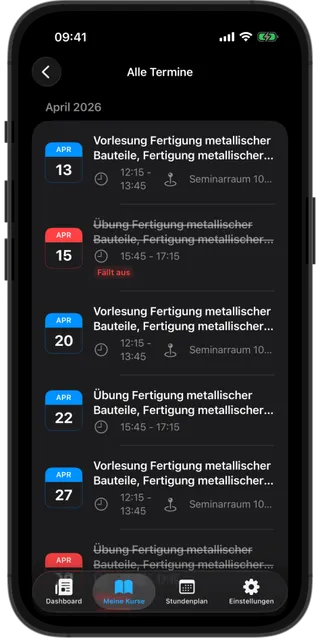 AuxCampus Screenshot Termine – Übersicht anstehender Veranstaltungen und Fristen