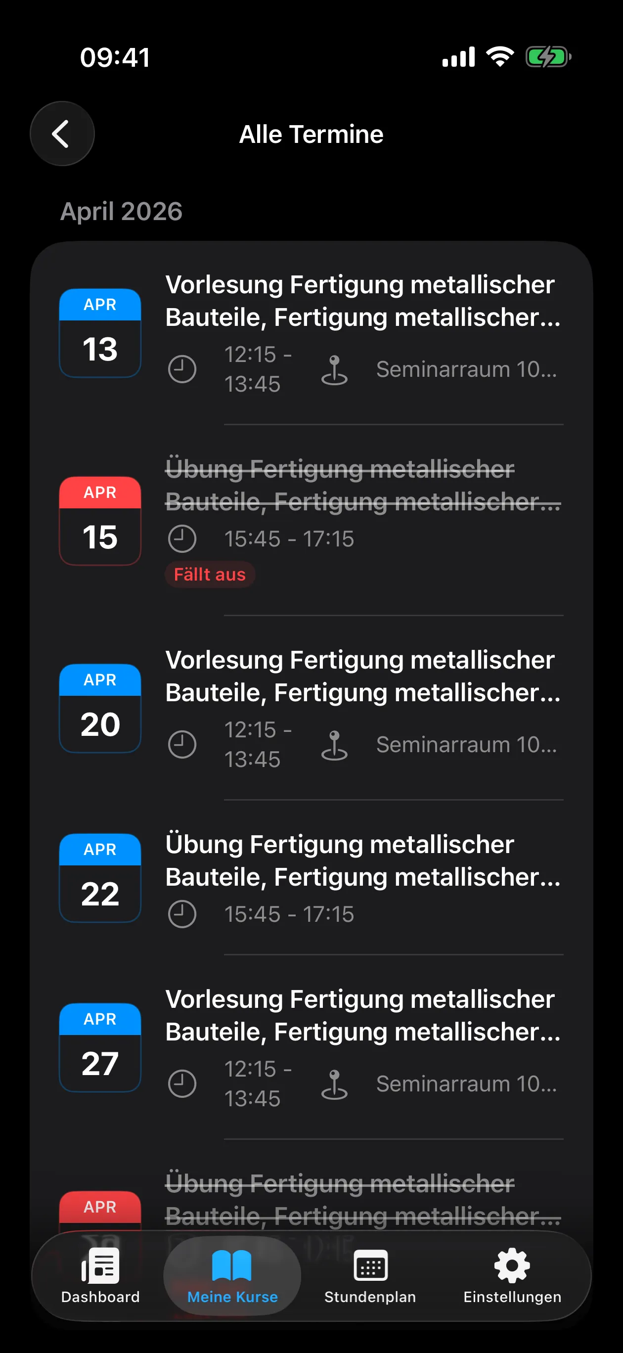 Terminübersicht mit Ausfall